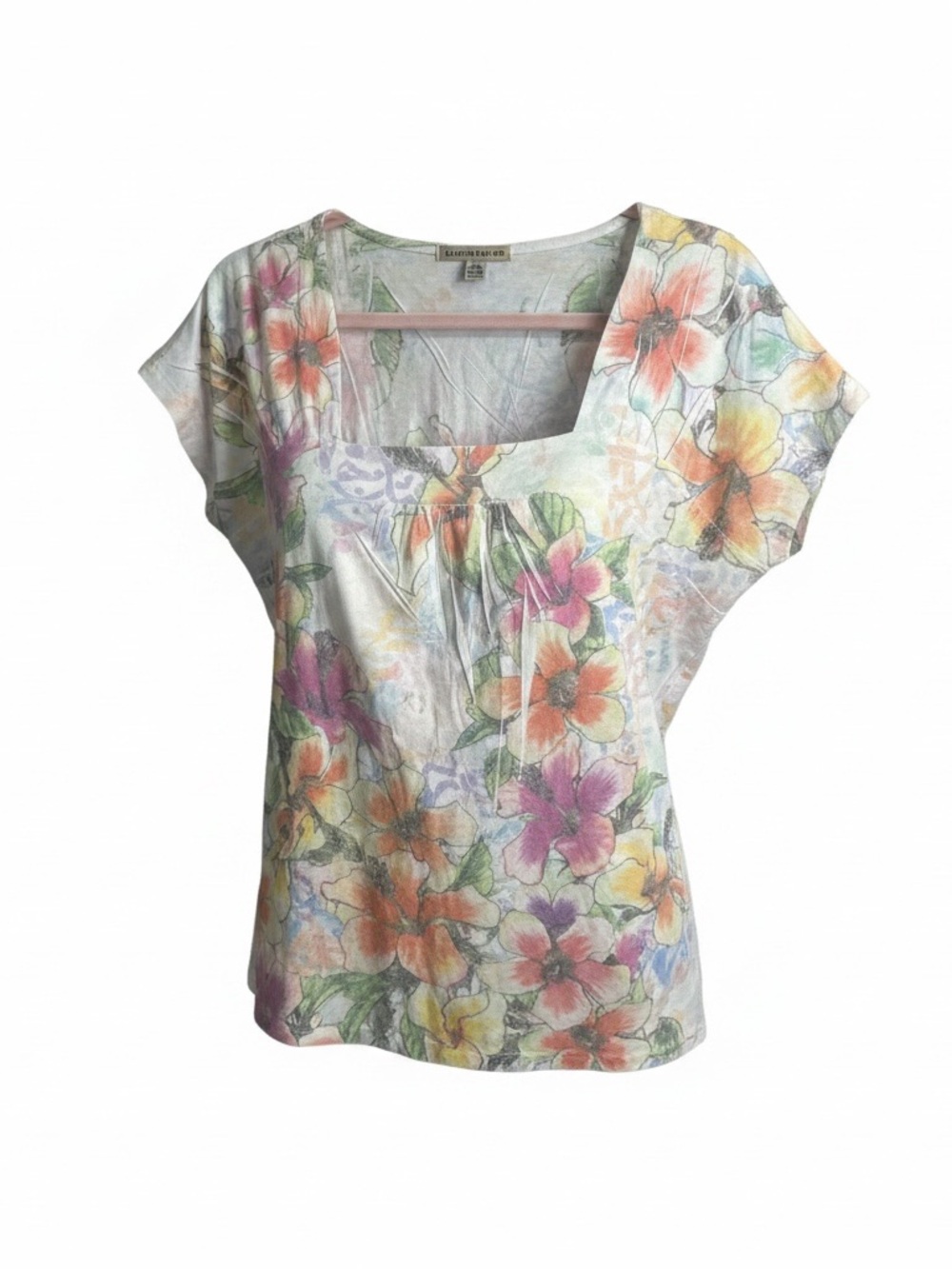 Vintage Floral Square-Neck Short Sleeve Top - Multicolor